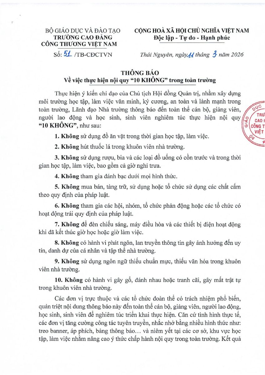 THÔNG BÁO VỀ VIỆC THỰC HIỆN NỘI QUY "10 KHÔNG" TRONG TOÀN TRƯỜNG