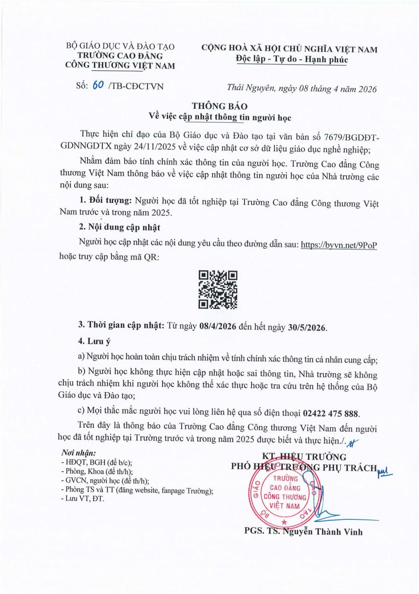 THÔNG BÁO VỀ VIỆC CẬP NHẬT THÔNG TIN NGƯỜI HỌC